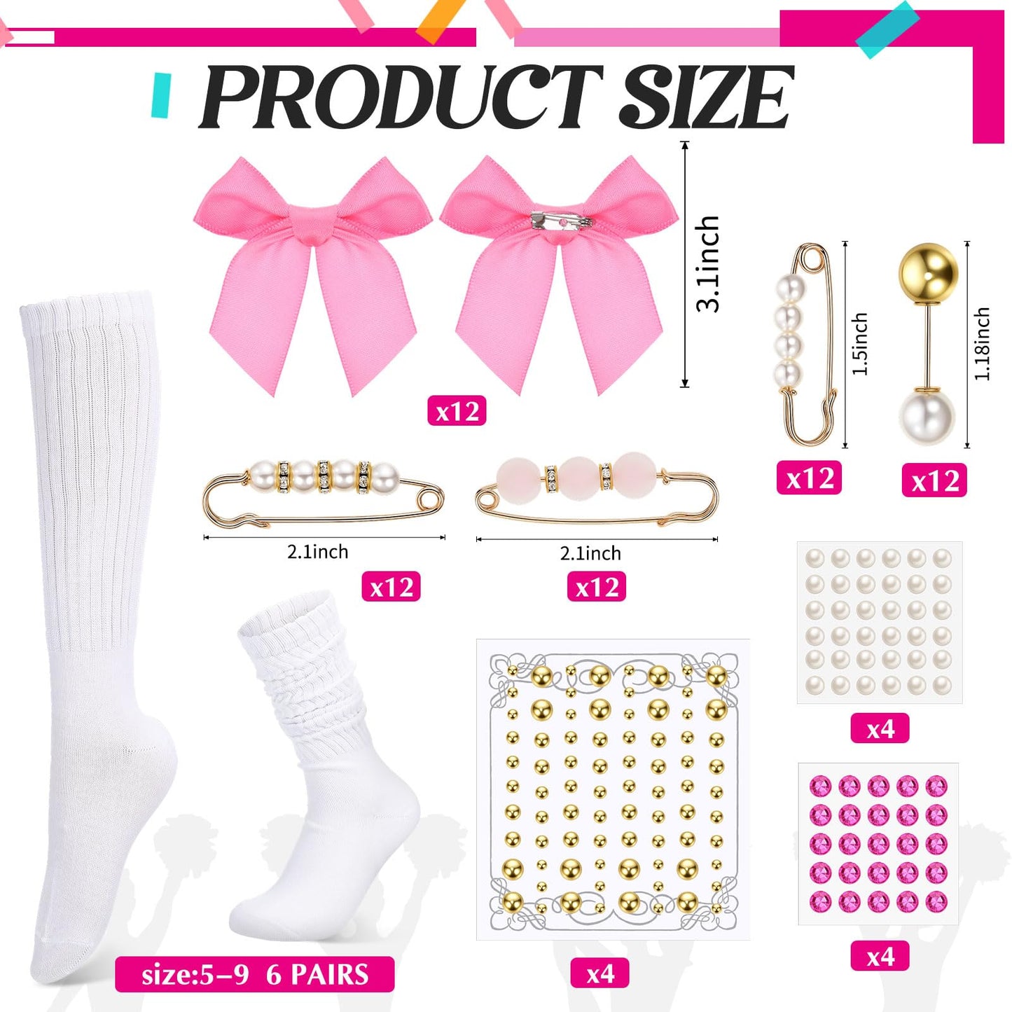 Norme 129pcs Socks Charms for Craft Night Kit 6 Pairs White Socks with Gold and Pink Charms Bulk Women Brooches and Safety Pins Pink Bow for DIY Jewelry for Craft Night Kit Gold Brooch Rhinestone