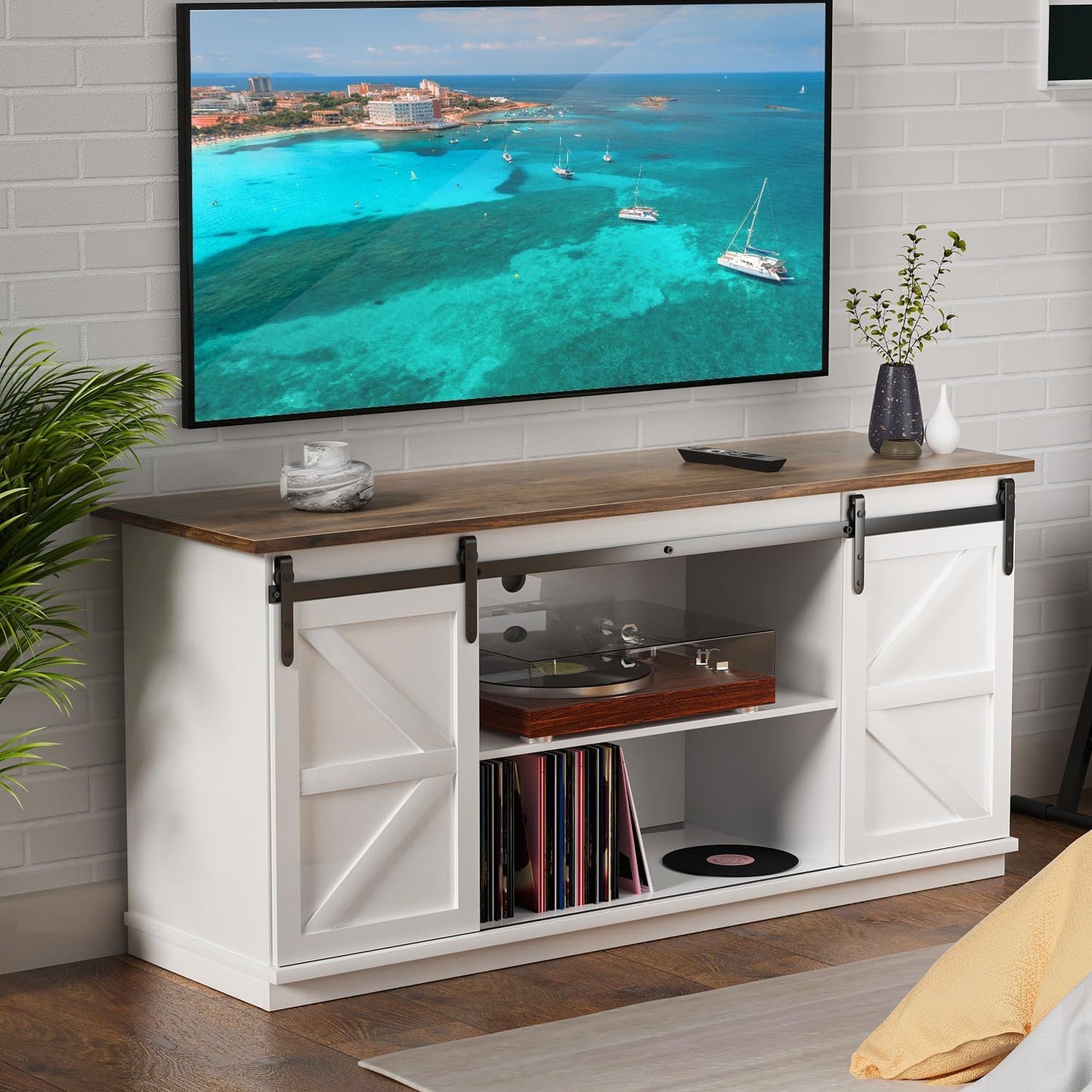 YESHOMY TV Stand Set with a Farmhouse Style Coffee Table,for Living Room,with Big Capacity, White