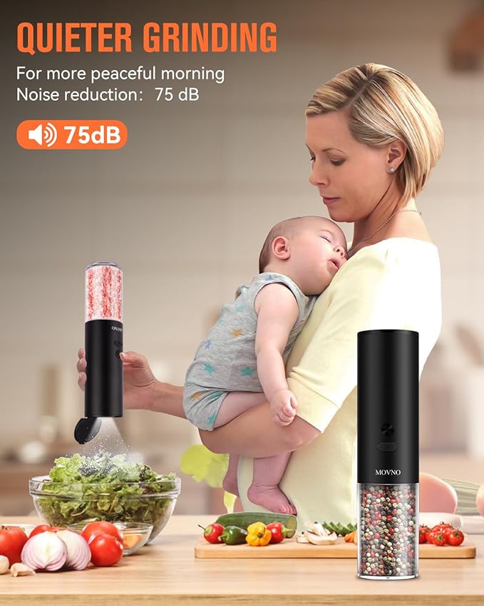 MOVNO Circuit Protection Electric Salt and Pepper Grinder Set With USB Rechargeable Adjustable Coarseness & LED Light, Large Capacity Automatic Electric Salt and Pepper Shakers Mill Set Refillable
