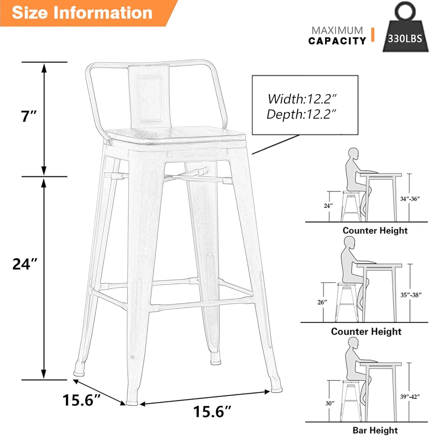 Yongchuang 24 inch Bar Stools Set of 4 Metal Counter Height Bar Stools with Wood Seat Kitchen Low Back Barstools Gunmetal