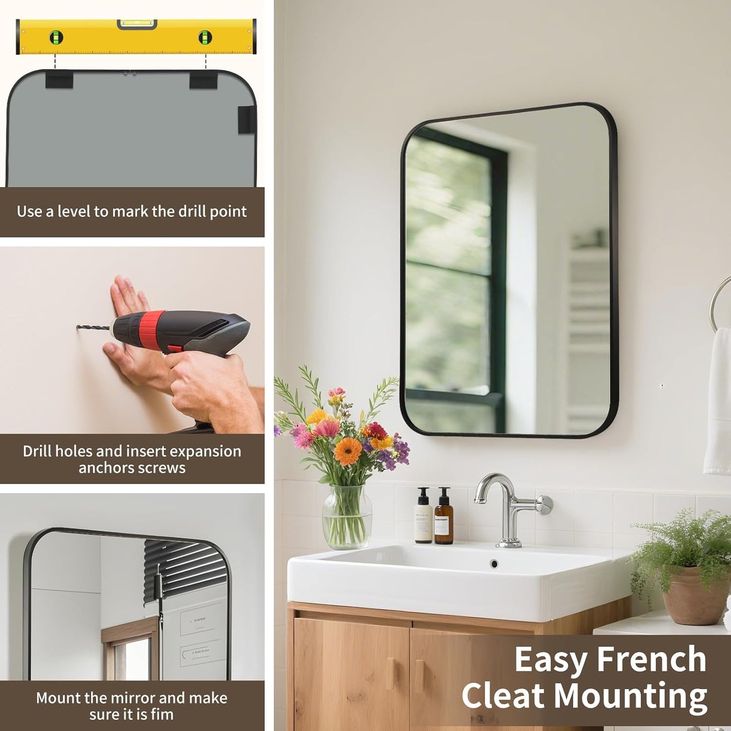 Black Bathroom Mirror, 24x32 Inch Aluminum Frame Rectangle Mirror, Anti-Rust, Tempered Glass, Wall Mirror for Over Sink, Vanity, Bedroom, Entryway, Horizontal/Vertical