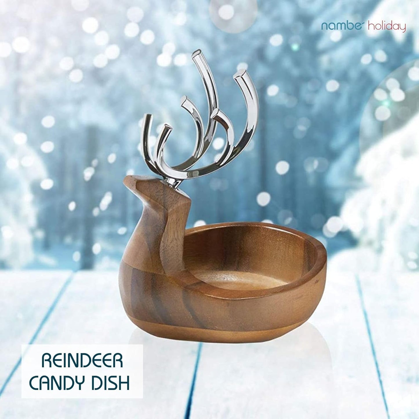 Nambe Holiday Reindeer Bowl – Decorative Candy Dish and Seasonal Table Accent with Removable Antlers, Festive Coffee Table or Dining Display, Alloy and Acacia Wood Collectible for Christmas Hosting