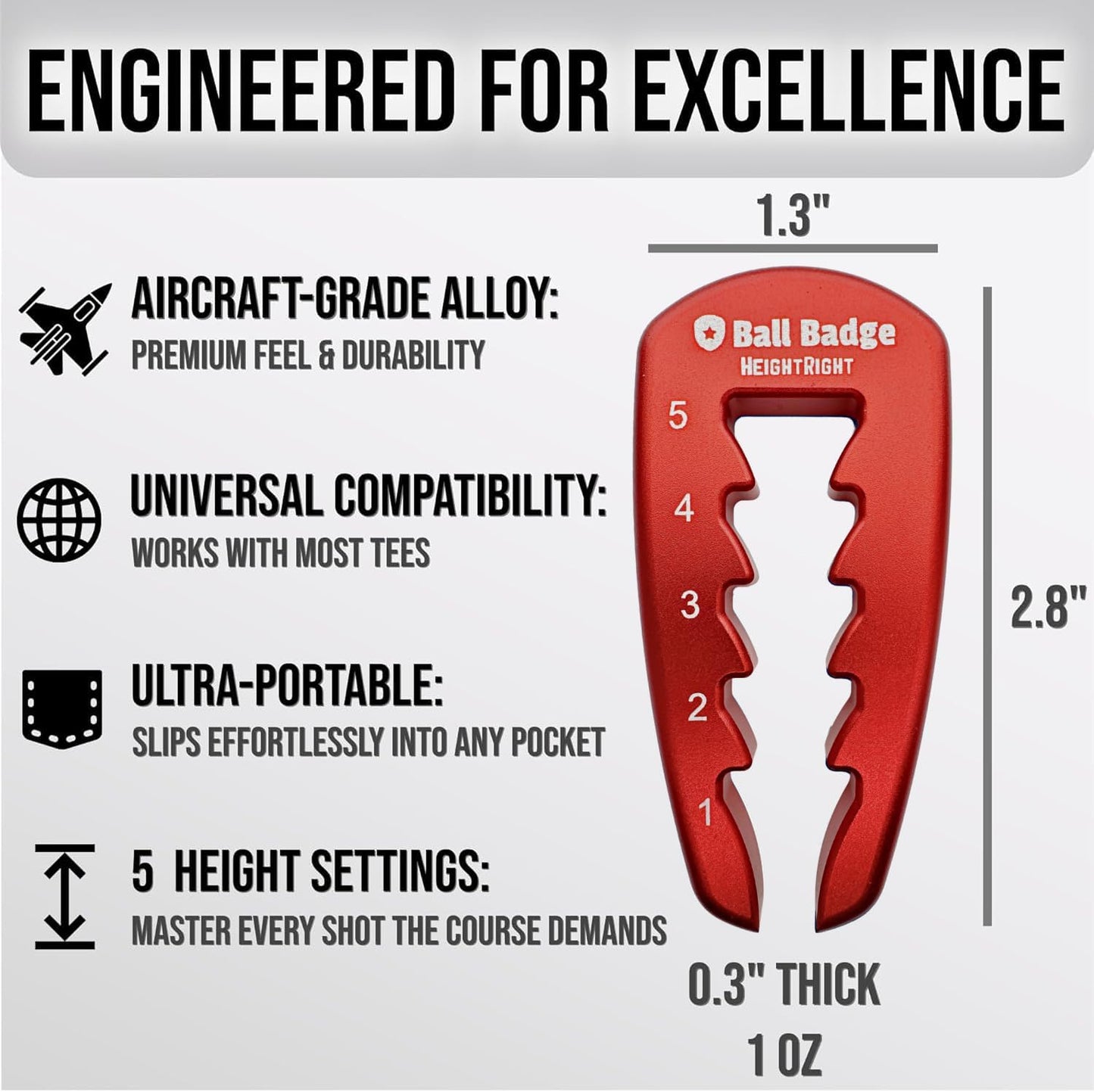 Ball Badge HeightRight Adjustable Golf Tee Height Tool – Precision Tee Height Setter for Consistent Swings, Durable Aluminum Design, Easy-to-Use Golf Training Aid