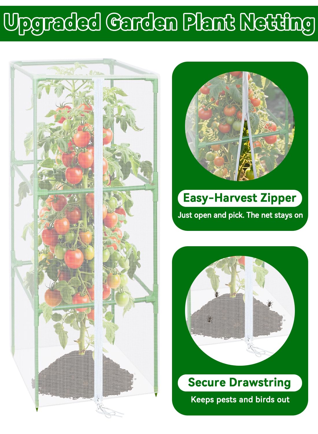 ZeeDix Tomato Cages with Bird Netting Set - 6 Pack 60 Inches Heavy Duty Tomato Cages + 6 Pack 57 Inches Garden Mesh Barrier for Tomatoes Climbing Vegetables Flowers