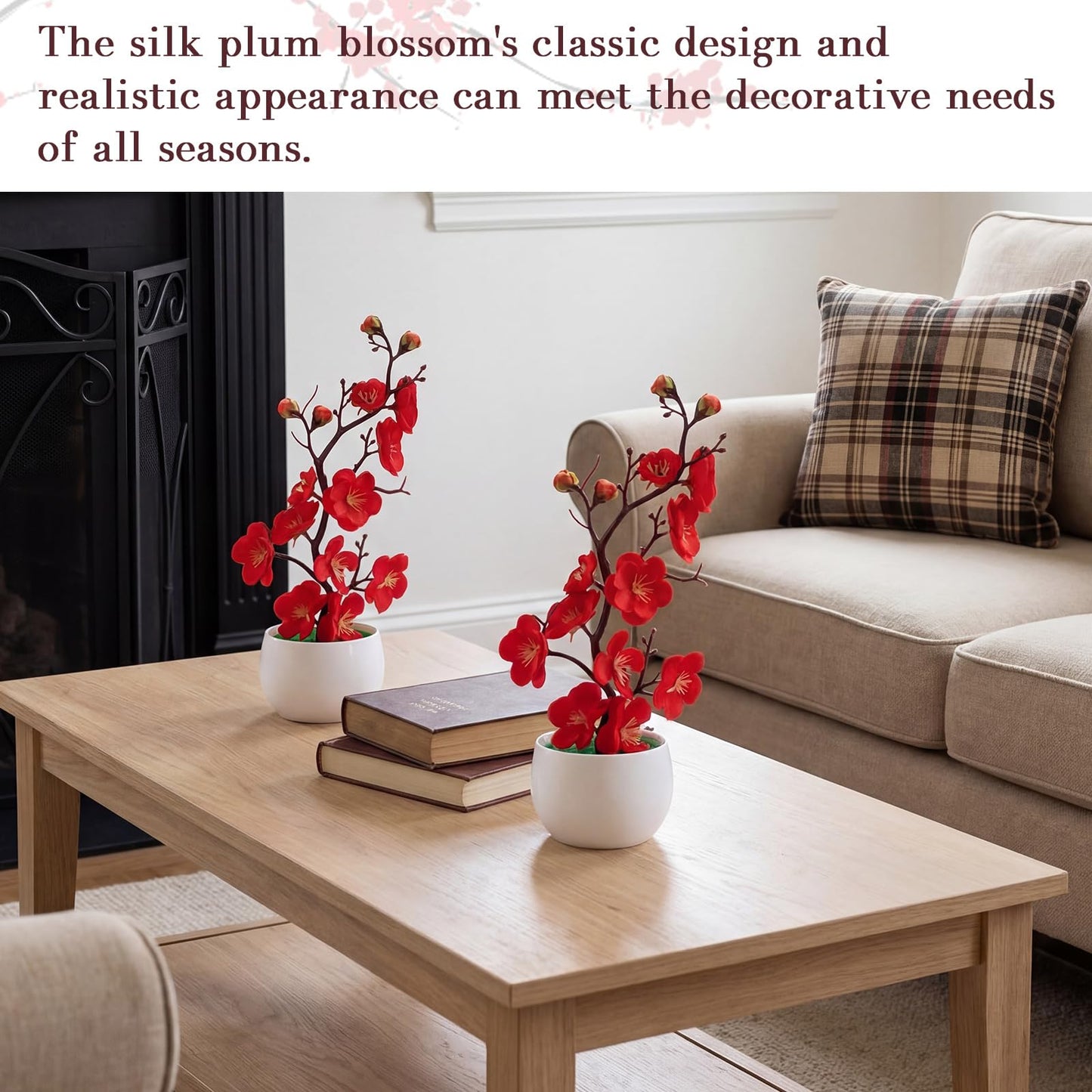 Suncalla 4 Pack Artificial Plum Blossom Bonsai, Fake Plum Blossom Silk Flower Arrangement with Flower Pot, Cherry Blossoms Decor for Hibachi Party Chinese Japanese Asian Theme Party Supplies(Upright)