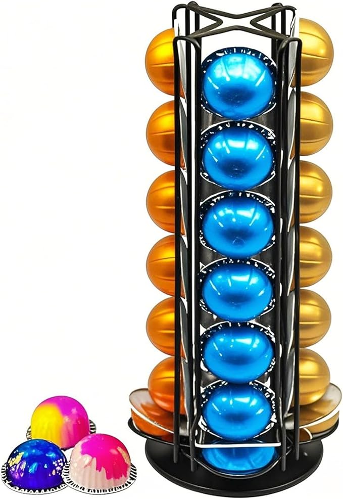 Vertuo Pod Holder Carousel Stand for 28 Nespresso Vertuo Capsule Storage Organizer with Extra Space for Coffee Mate Silent Rolling，Black