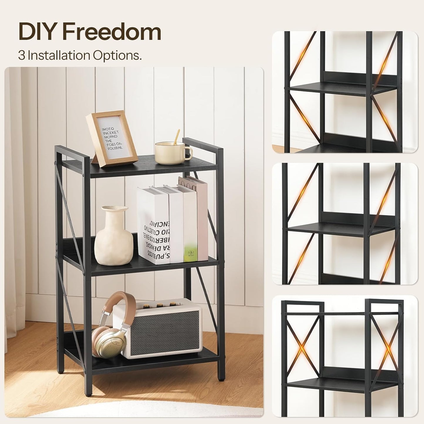 HOOBRO Bookshelf, 3-Tier Industrial Bookcase, Book Shelf Storage Organizer, Small Bookshelf with Metal Frame for Living Room, Bedroom, Home Office, Kitchen, Black BB71SJ01