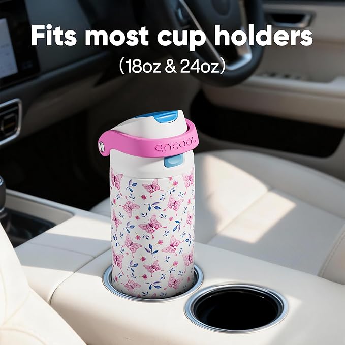 ENCOOL Leakproof Insulated Water Bottle with Straw Dual-Sip Water Bottle Bag-Safe Design for Work, Commute & Gym – Keeps Drinks Cold All Day, 32 oz, Blossom Butterfly
