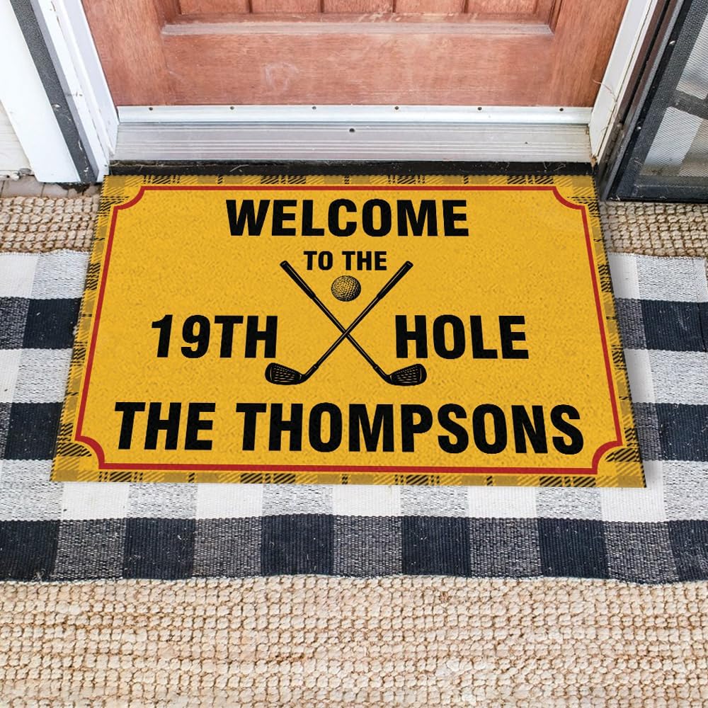 Welcome to The 19th Hole Personalized Golf Doormat – Custom Family Name Mat with Golf Clubs & Green Turf Design – Funny Non Slip Outdoor Entry Rug for Porch, Man Cave, or Home Bar Décor