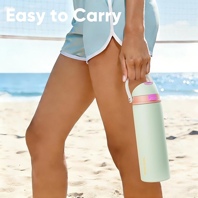 Insulated Water Bottle with Straw - Encool Stainless Steel Water Bottle with Push Button Lid, Leak-Proof & BPA-Free, Keeps Cold for 24 Hours for Sports, Travel, Gym (40 oz, Geyser Green)
