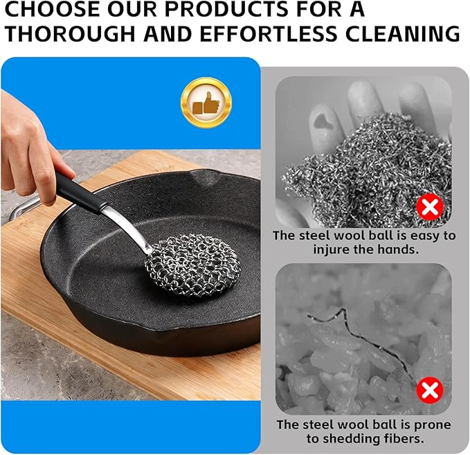 Cast Iron Scrubber with Silicone Handle, Chainmail Scrubber 316 Stainless Steel Brush Non-Scratch Pot for Cast Iron Pan Skillet Cleaner, Dishwasher Safe