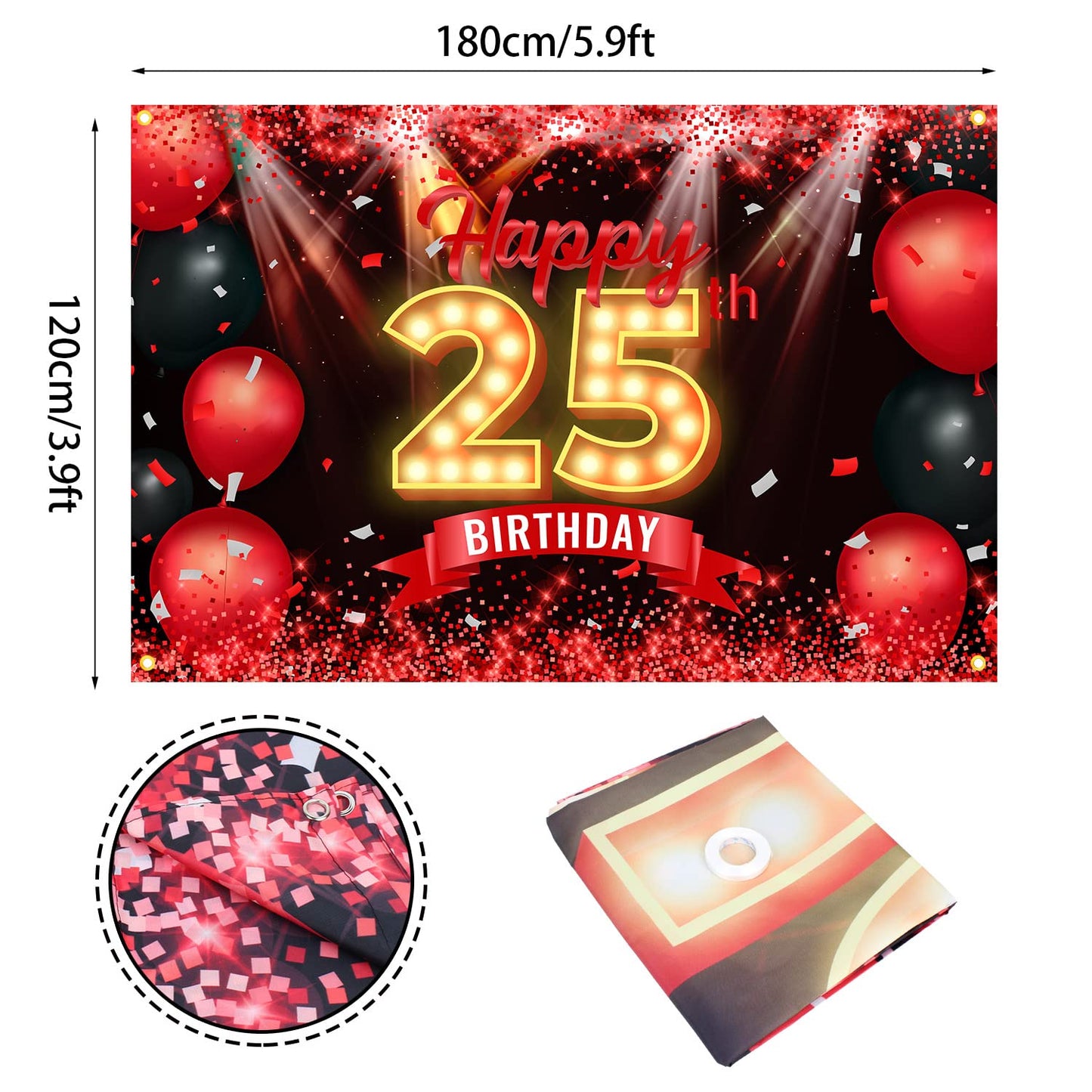 Happy 25Th Birthday Banner Backdrop Red And Black 25 Years Old Background Bday Decorations For Women Men Photography Party Suppl