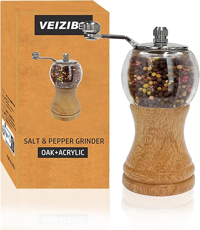 Salt and Pepper Grinder Set Manual Pepper Grinder Set Classical Hand Shake Acrylic Wooden Pepper Mill Ceramic Blades Upgrade Metal Handle, Enjoy Best Fresh Ground Pepper Salt spices (1pcs-5in)