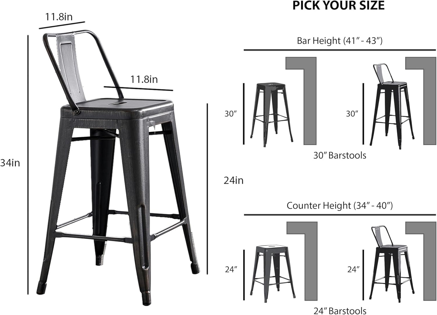AC Pacific 24” Metal Barstool Set of 2 – Country Rustic Style with Low Back, Lightweight & Sturdy Build, Easy Assembly – Sanded Matte Midnight/Brushed Rusty Gold
