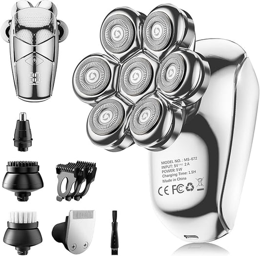 SHPAVVER Head Shavers for Bald Men: 5-in-1 Electric Razor - IPX7 Waterproof Shaving Grooming Kit for Balder - Turbo Speed & Precision Blades (White Silver)