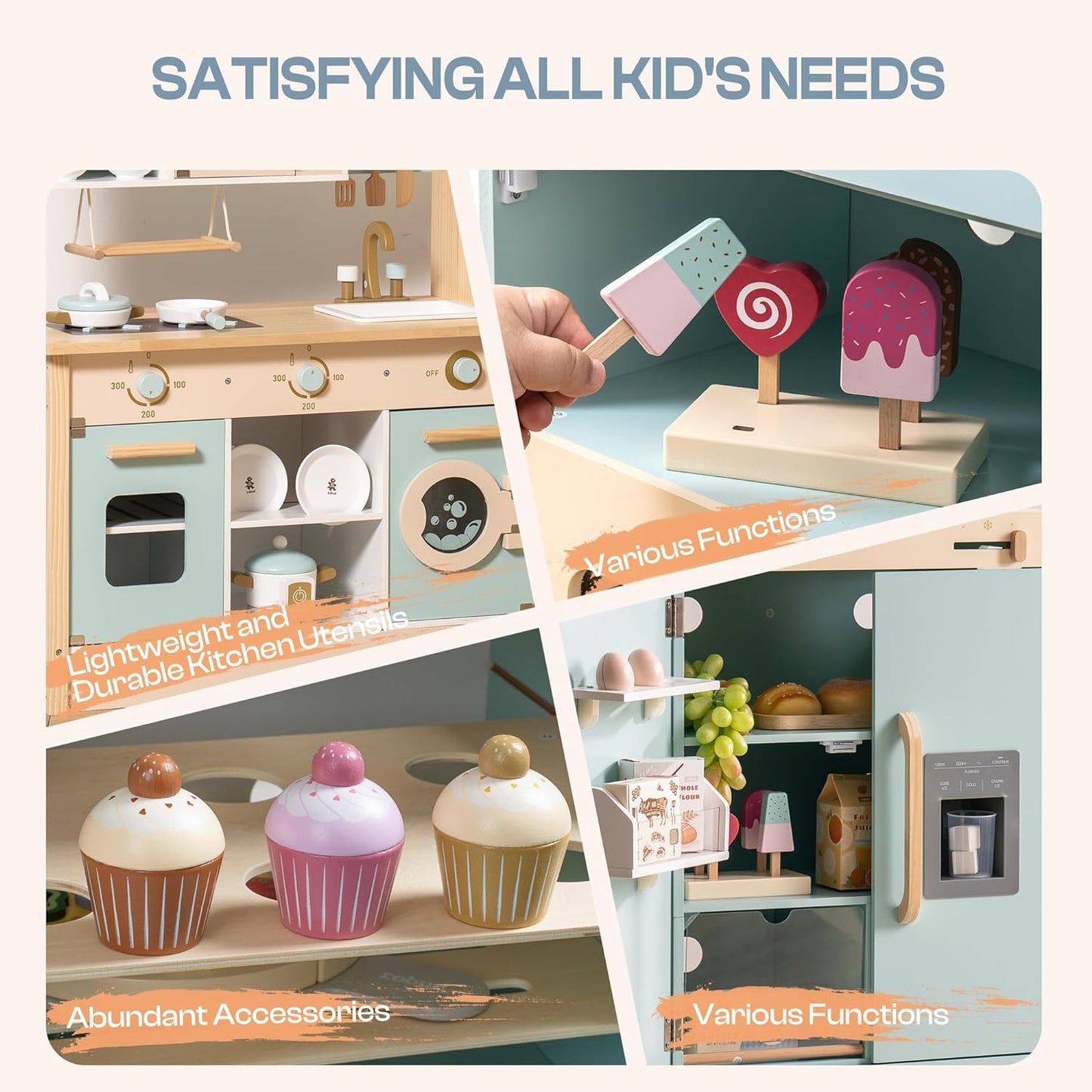ROBOTIME Wooden Play Kitchen, Toddler Kitchen Playset with Oven, Fridge & Washing Machine, Kids Kitchen Playset Gift for 3+ Year Old Boys & Girls