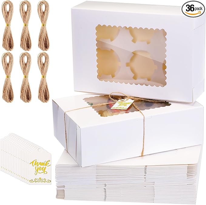 36 Pack Cupcake Boxes Hold 6 Count Christmas Disposable Cupcake Containers with Window and Cake Carrier with Thanks Card and Jute Rope to Muffins Cupcakes Cookies Gift Wrapping(White)