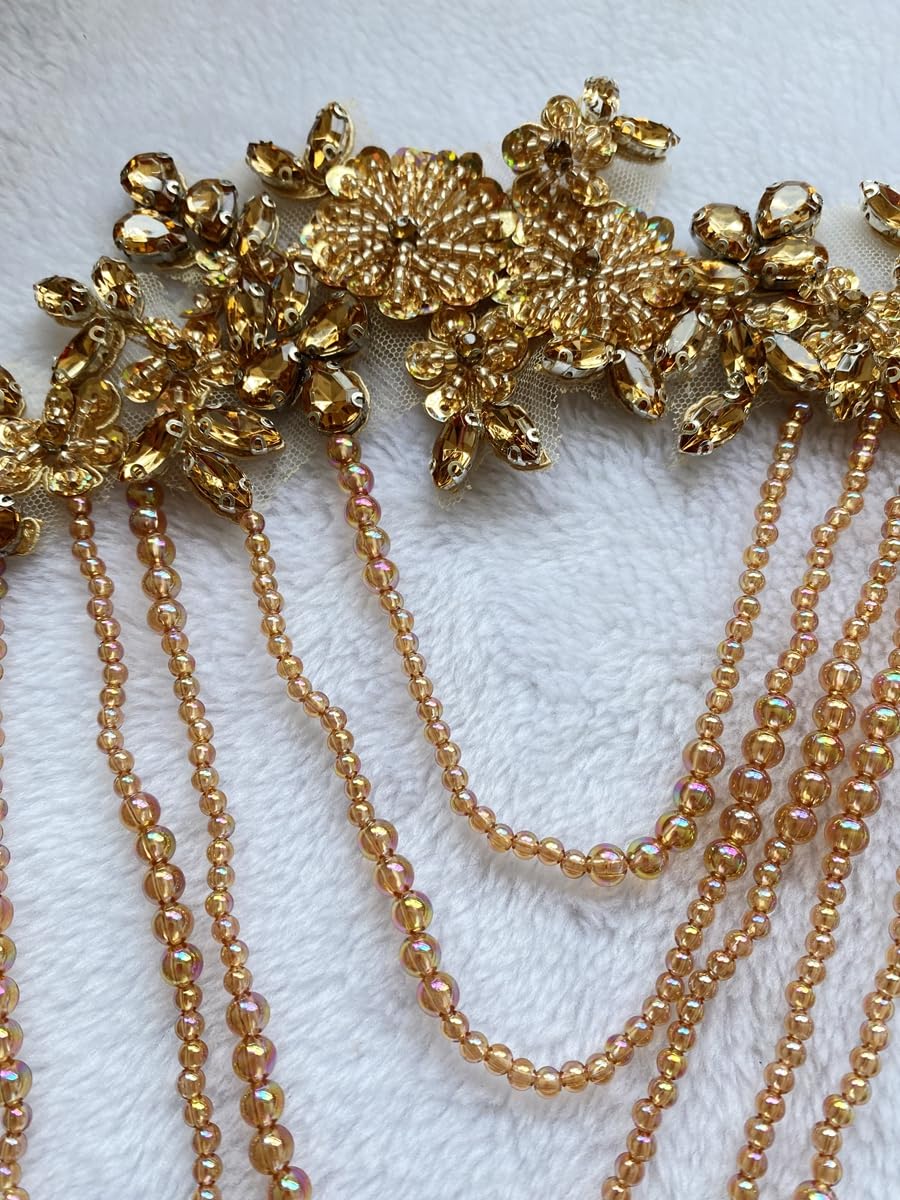 1 Pair Beaded Rhinestones Applique Embellishment for Clothes Epaulettes Shoulder Patches Sew-on Diamond Sequin Tassels Applique for Wedding Dress DIY Accessories 9.8X10.2inches (Champagne)