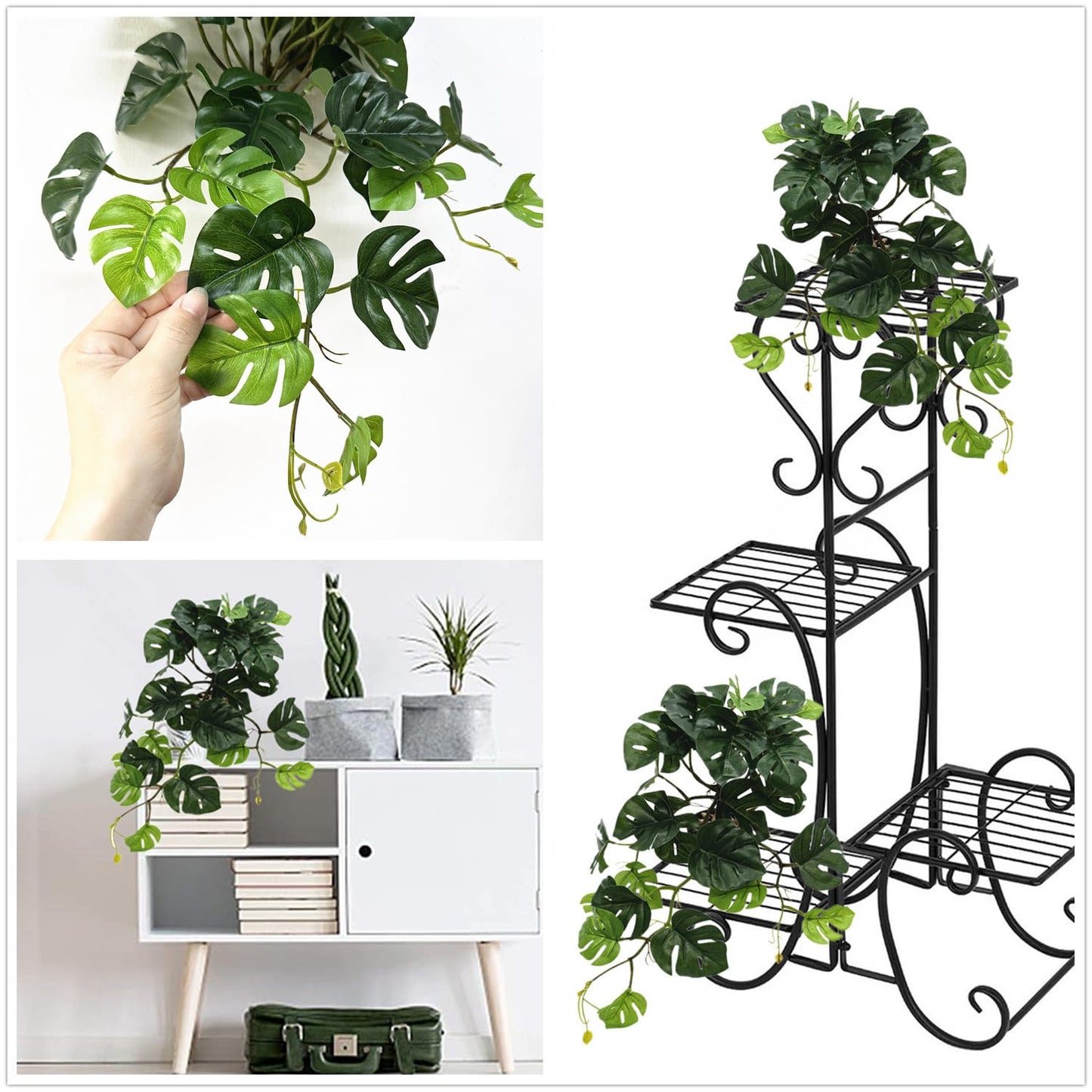 Artificial Monstera Fake Potted Plants Small Palm Hanging Vine Fake Tropical Plant Ivy Faux Greenery for Home Decor Indoor Outdoor Garden Pot Shelf Living Room Office Party DIY Decoration Green 2 Pack