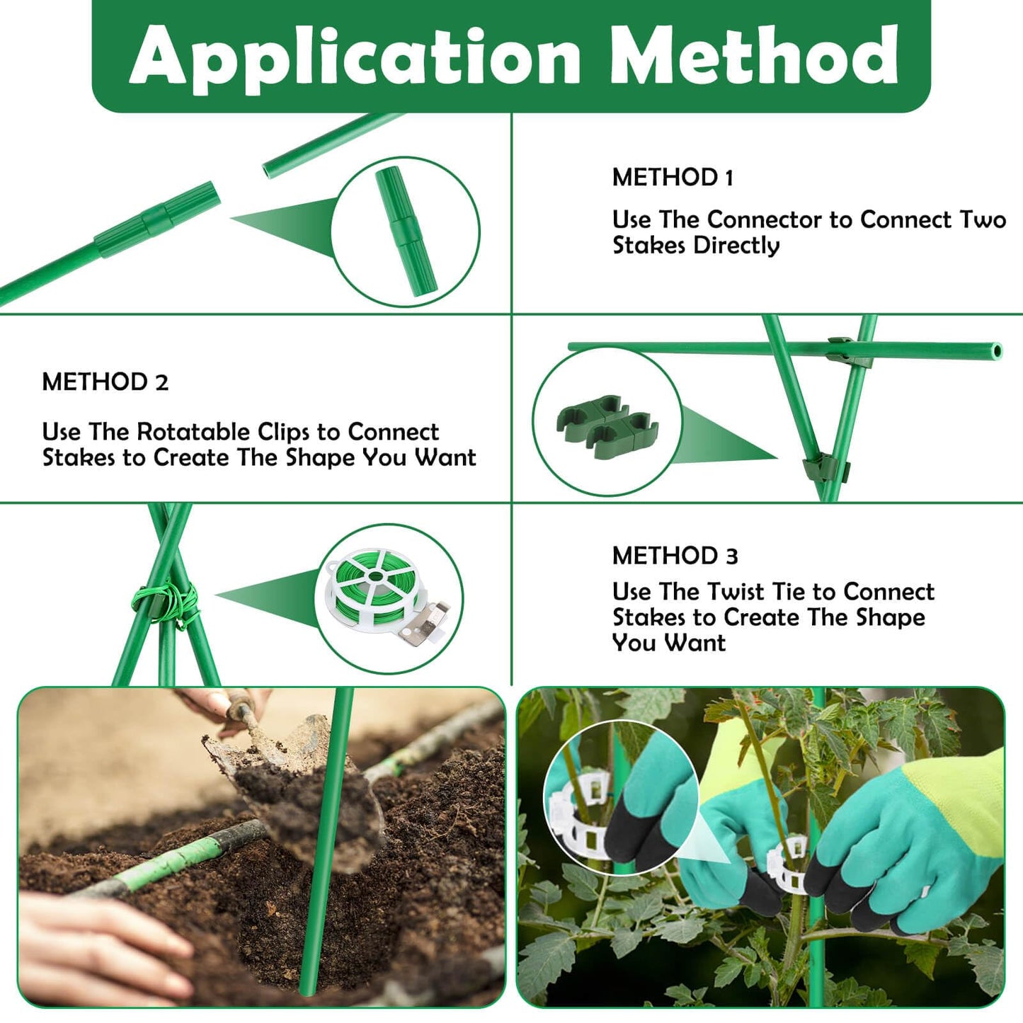 Cludoo 342PCS Garden Stakes Set with 100 Sets Fiberglass Plant Stakes Sticks Supports and Accessories, DIY 4ft 5ft 6ft 7ft Tomato Stakes for Tomato,Vegetables, Pepper, Indoor Outdoor Spring Plants