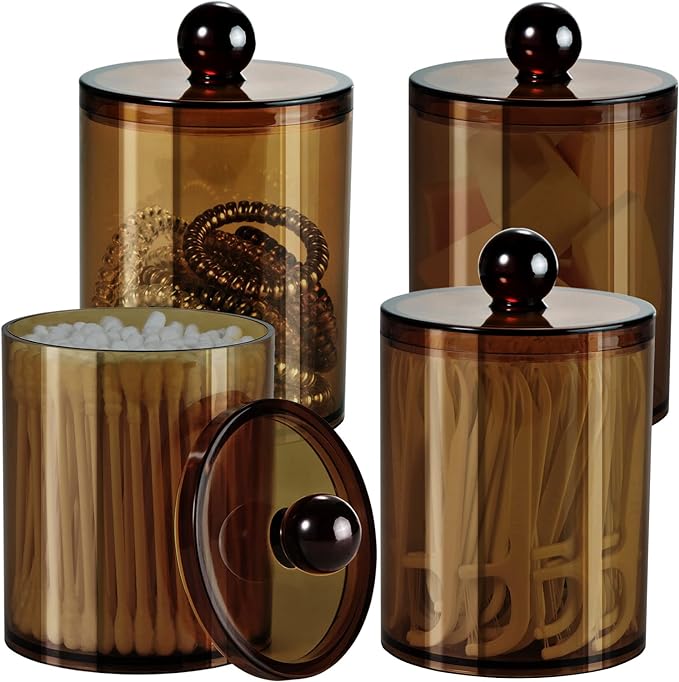 SheeChung 4 Pack Plastic Acrylic Bathroom Vanity Countertop Canister Jars with Storage Lid, Apothecary Jars Qtip Holder Makeup Organizer for Cotton Balls,Swabs,Pads,Bath Salts (Amber)