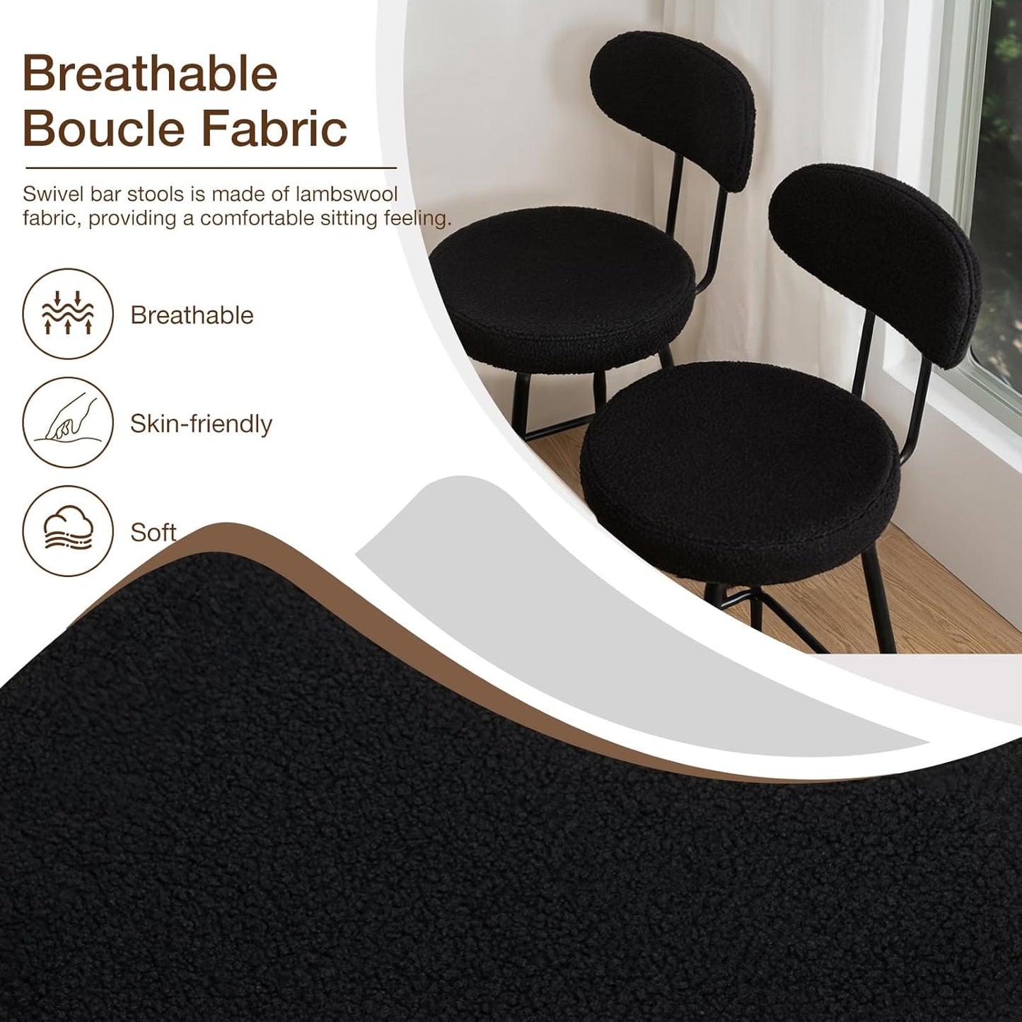 HOMMPA Counter Height Swivel Bar Stools Set of 4 Boucle Barstools 26'' Upholstered Modern Counter Barstools with Back Metal Legs Bar Stools Chairs for Kitchen Counter Island Black
