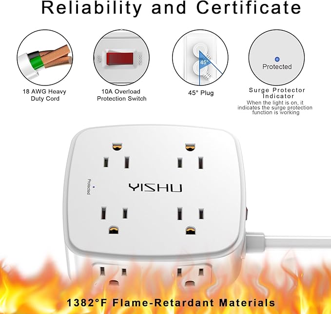 5Ft Surge Protector Power Strip - 8 Widely Outlets with 4 USB Ports, 3 Side Outlet Extender with 5 Feet Extension Cord, Flat Plug, Wall Mount, Desk USB Charging Station, ETL,White
