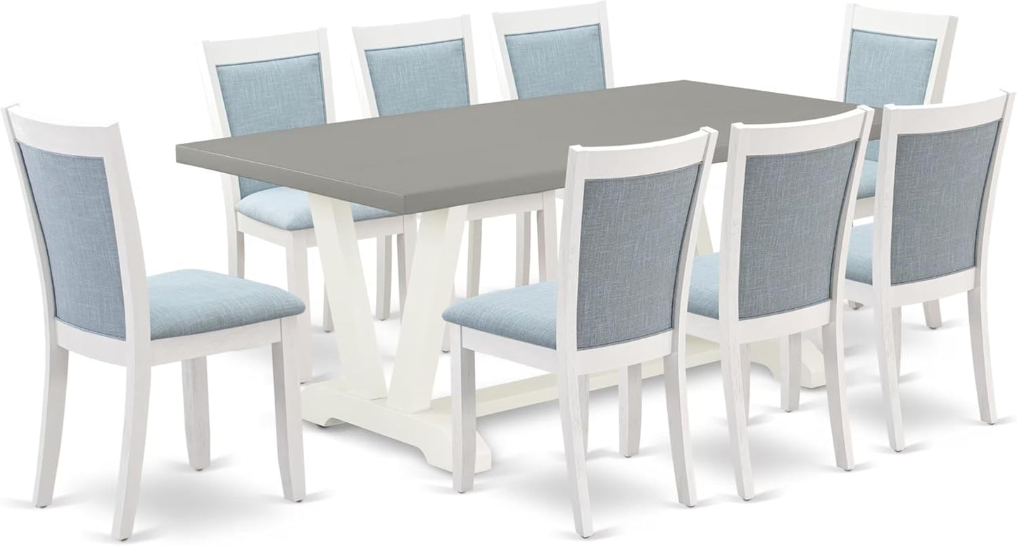 East West Furniture V097MZ015-9 9 Piece Modern Dining Table Set Includes a Rectangle Wooden Table with V-Legs and 8 Baby Blue Linen Fabric Parsons Dining Chairs, 40x72 Inch, Multi-Color