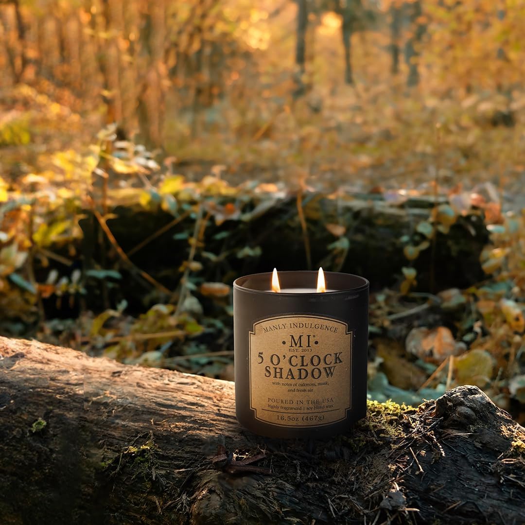 Manly Indulgence 5 O'Clock Shadow Scented Candle for Men 16.5 oz | 2 Wick & 2X Intense Fragrance | Oakmoss, Musk & Fresh Air | Up to 60 Hour Burn, Soy Blend Wax, USA Poured, Black
