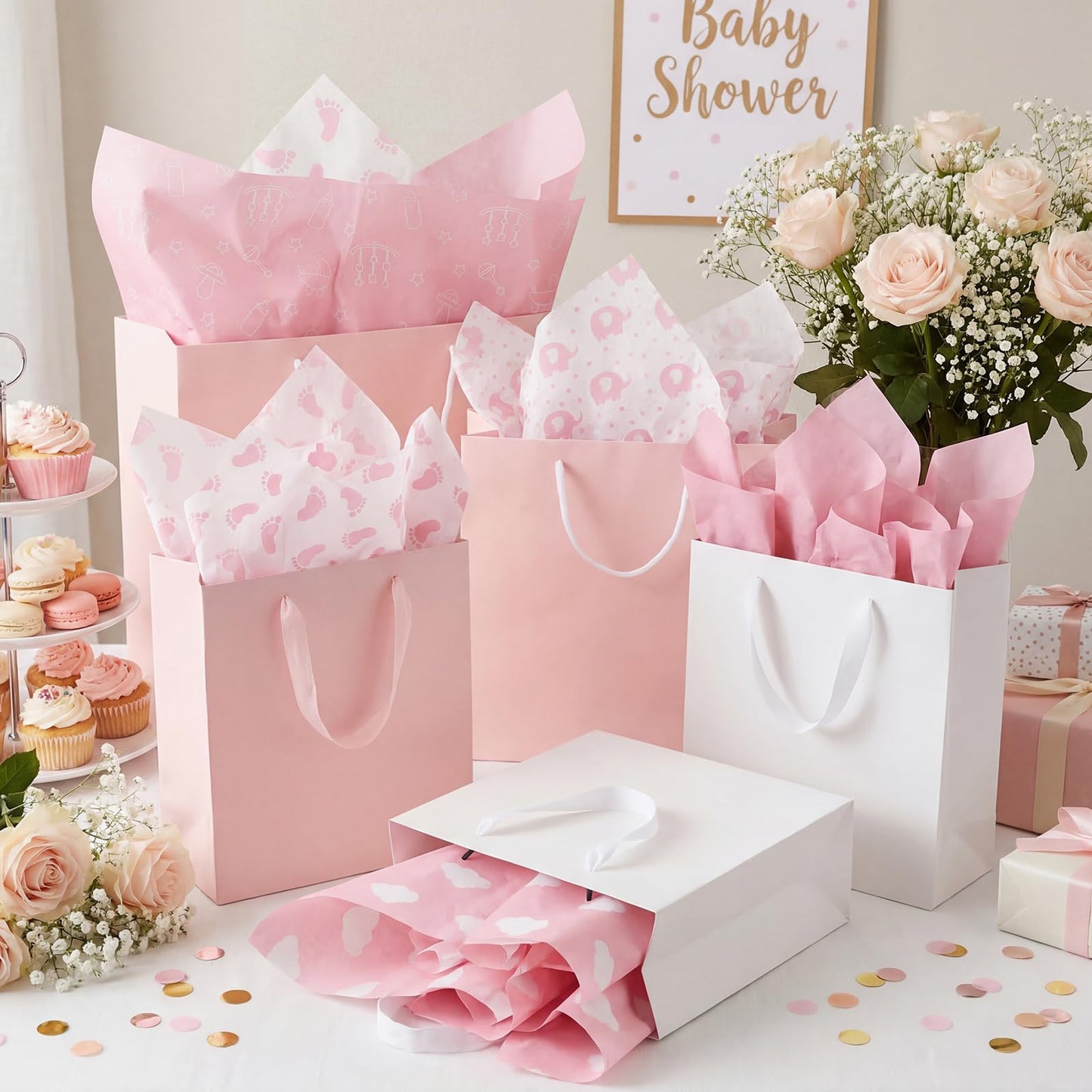 woric 120 Sheets Pink Tissue Paper Bulk Baby Shower Tissue Paper with Cute Design for Gift Bags DIY Crafts Baby Shower Girls Birthday, 14 x 20 Inch