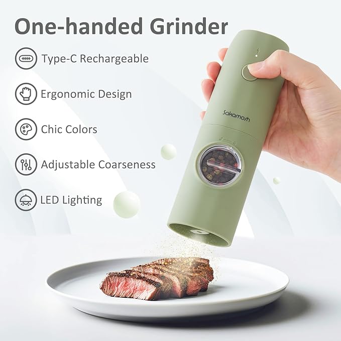 Electric Salt and Pepper Grinder Set, Rechargeable,Adjustable Coarseness with LED Light, Electric Salt Shakers Refillable, Christmas Gift(2 Packs, Sage Green)
