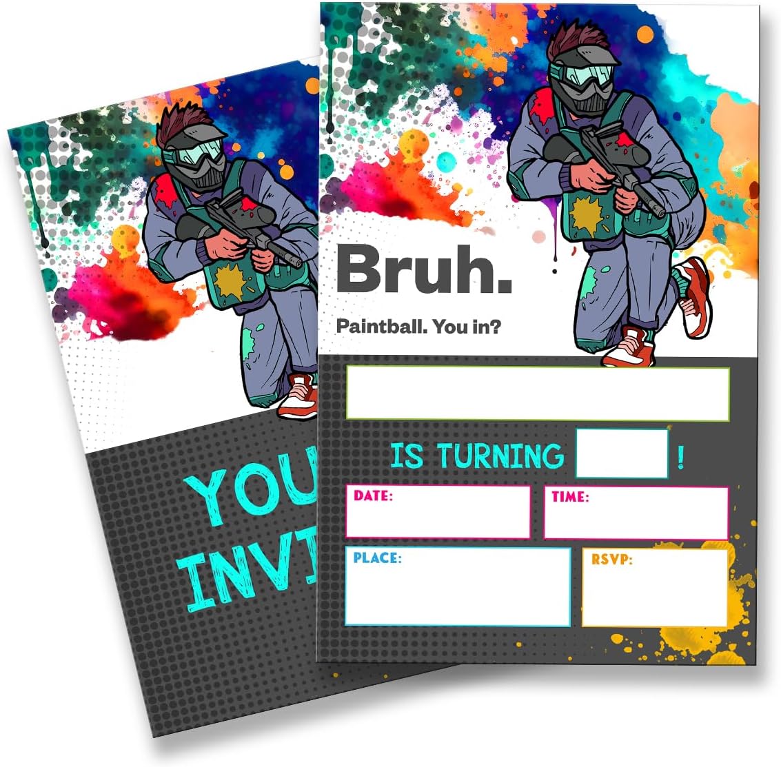 Paintball Birthday Invitation Supplies with Envelopes Set of 20 Bruh Teen Boy Party Invitation Fill in Blank, Double Sided