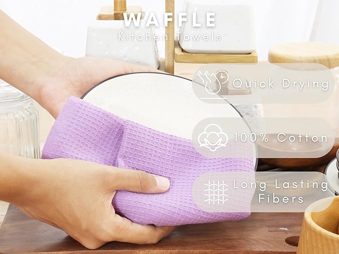 PurpleEssences Waffle Weave Kitchen Towel, 100% Cotton, 15x25 Inches, with Hanging Loop Ultra Soft Absorbent Quick Drying Dish Cloth, Tea and Hand Towels, 6 Pack - Christmas Holiday Winter - Lavender