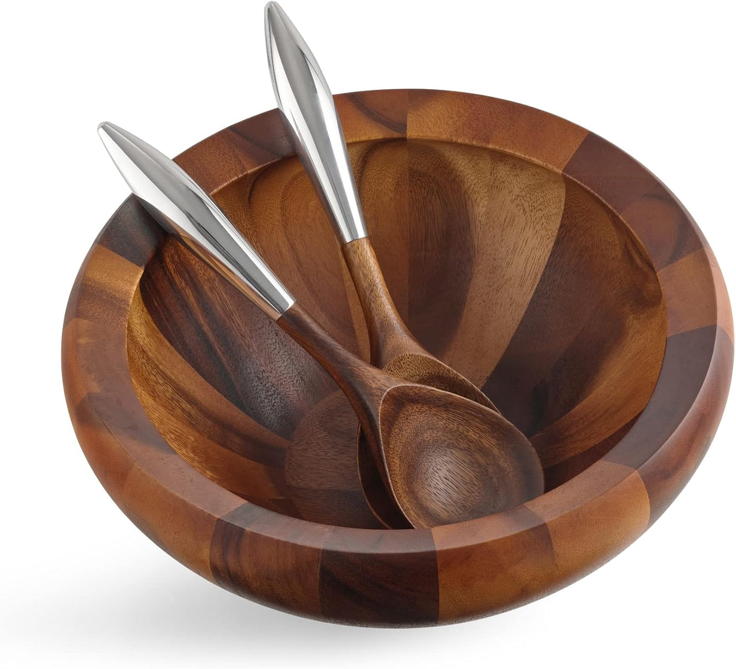 Nambe Yaro Acacia Wood Salad Bowl with 2 Salad Servers | Made of Acacia wood Alloy | Large Deep Wooden Bowls | Acacia Wood Salad Bowl Set | Designed by Sean O’hara