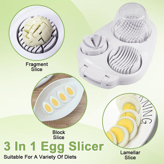 3 in 1 Egg Slicer for Hard Boiled Eggs with Cleaning Brush, Multipurpose 3-Way Cutter with 3 Slice Modes, Heavy Duty, Hard Boiled Egg Cutter & Fruit Slicer, Dishwasher Safe (White)