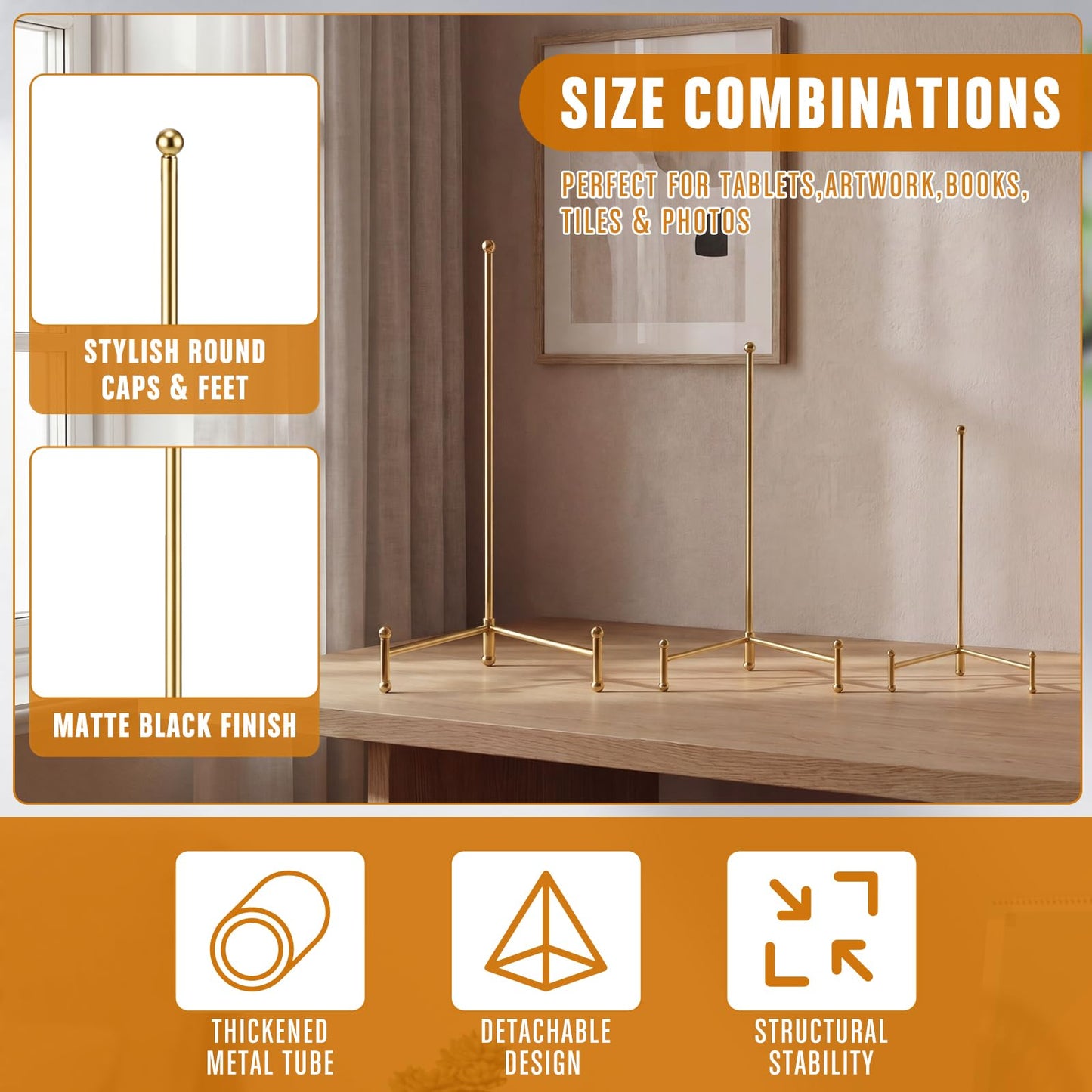 Gerrii 3 Pcs 12 10 8 Inch Gold Easel Stand Picture Frame Stands for Display Metal Tripod Easel Plate Display Stands Photo Standing Metal Holder for Picture, Book, Photo, Creation, Collectibles