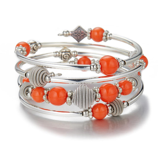PEARL&CLUB Beaded Chakra Bangle Turquoise Bracelet - Fashion Jewelry Wrap Bracelet with Thick Silver Metal and Mala Beads, Birthday Gifts For Women(Orange)