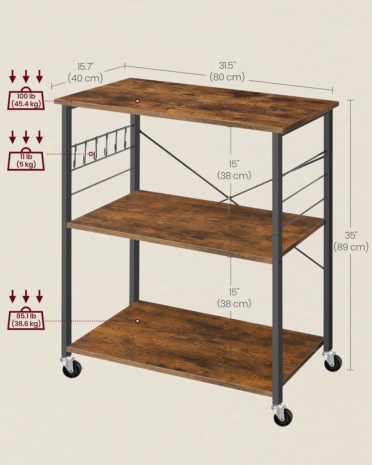 VASAGLE Kitchen Shelf on Wheels, Serving Cart with 3 Shelves, Kitchen Cart, Microwave Shelf, for Mini Oven, Toaster, with 6 Hooks, Industrial Style, Rustic Brown and Black UKKS067K01