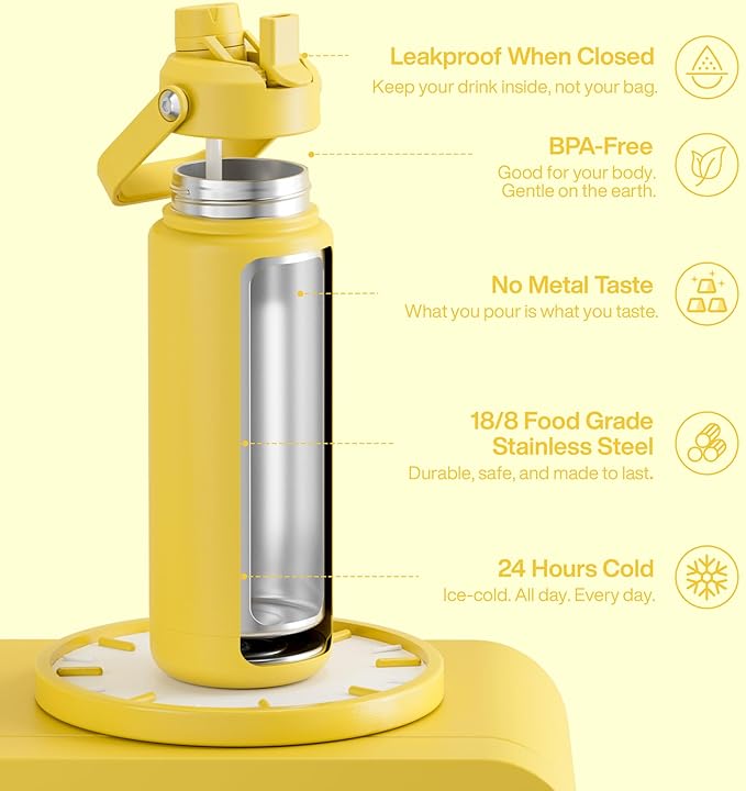 ENCOOL Insulated Water Bottle with Straw Stainless Steel Water Bottle, Leak-Proof, BPA-Free, Double Wall Vacuum Keeps Cold for 24 Hours for Sports, Travel, School (32 oz, Elfin Yellow)