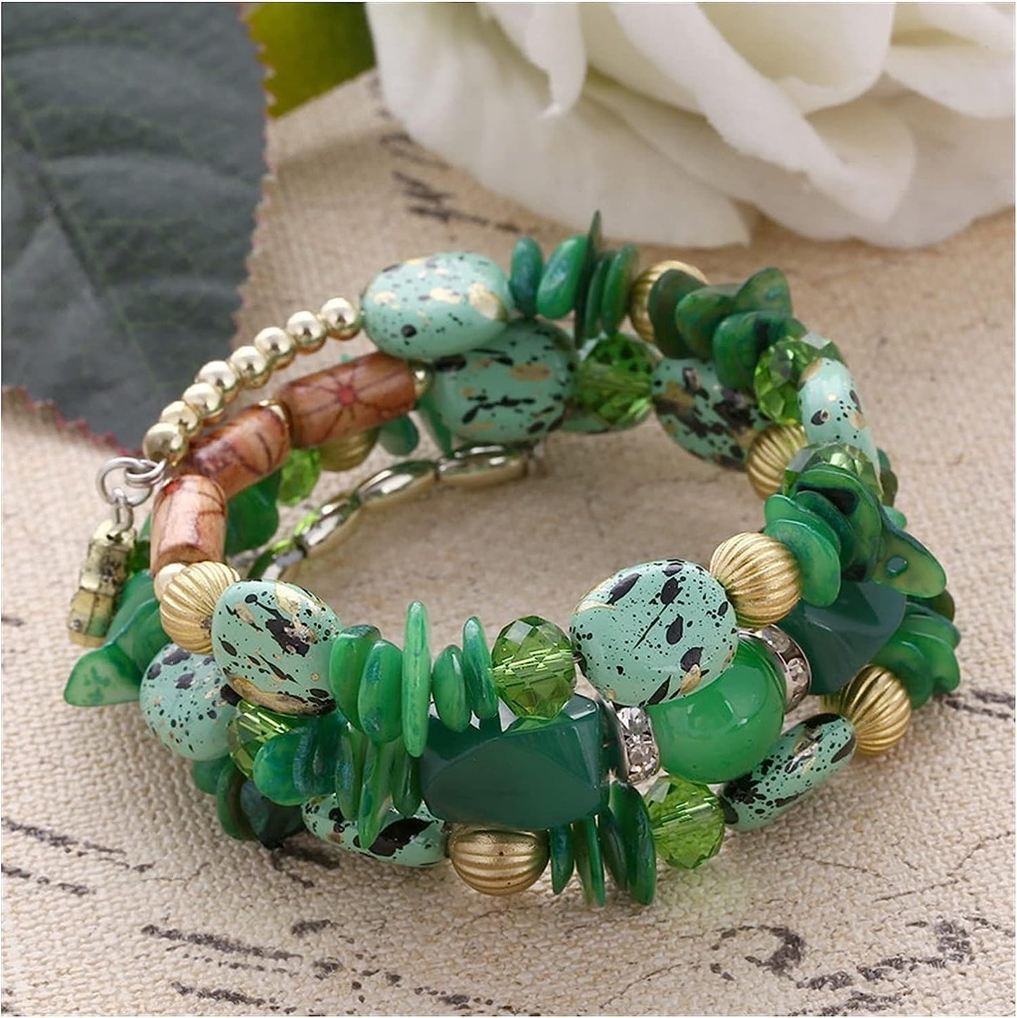 Jewellify Women Retro Crushed Natural Stone Bracelet Multi-Layer Winding Shell Beaded Bracelets (Green)