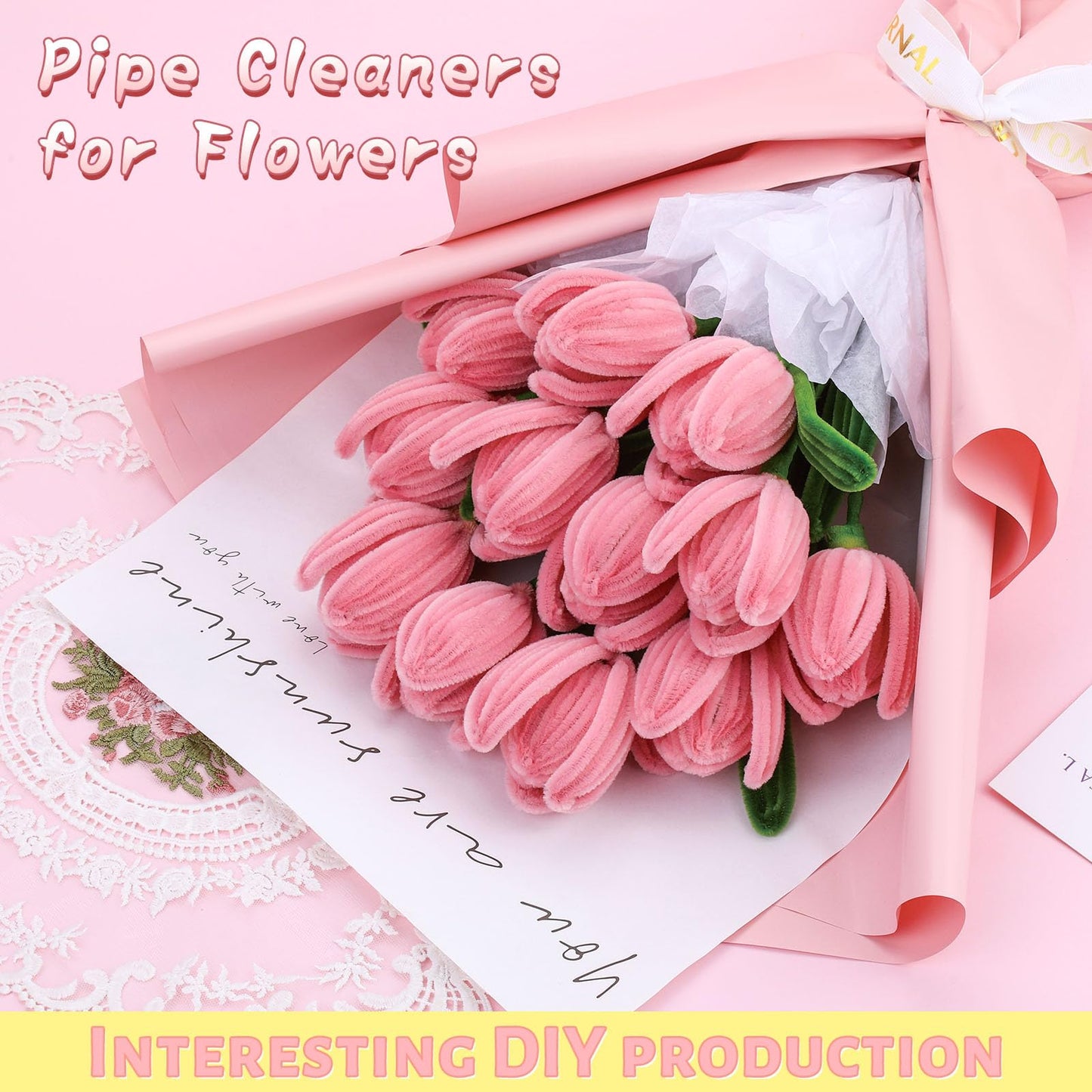 UzecPk Pipe Cleaner Flower Kit, Pipe Cleaners Bulk, Chenille Stems Pink Pipe Cleaner Craft, Pipe Cleaners Flowers with Floral Wire, Floral Tape, Instructions for Mother's Day Craft Home Decoration
