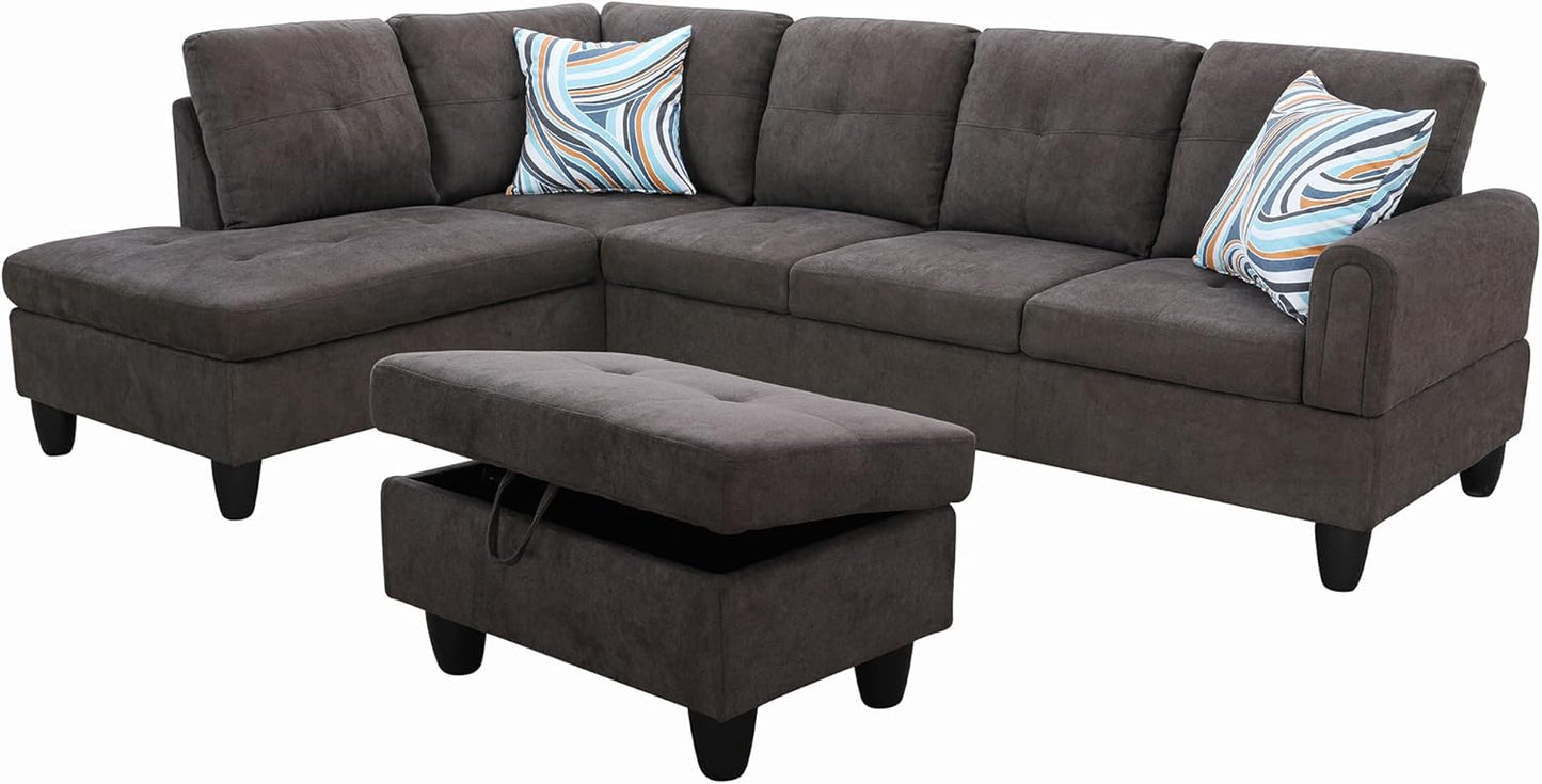 L Shaped Couch Modern Sectional Couch Upholstered Fluffy Fabric 3 Pieces Sofas for Living Room with Chaise, Storage Ottoman for Office and Small Apartment, Dark Brown