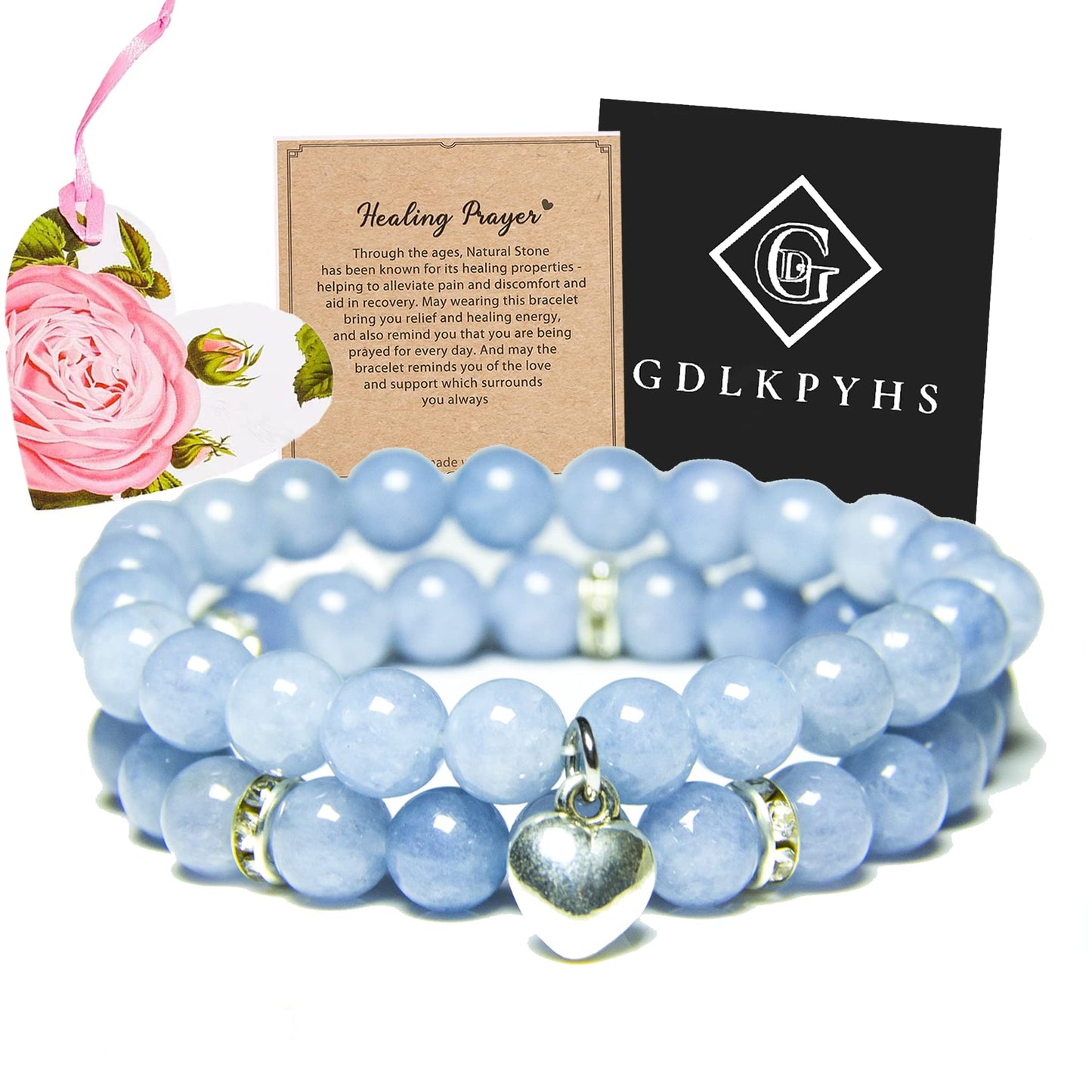 GDLKPYHS Healing Bracelets for Women - Aquamarine Bracelet - Healing Prayers Crystal Bracelet, 8mm Natural Stone Stress Relief Yoga Beads Get Well Soon Gifts