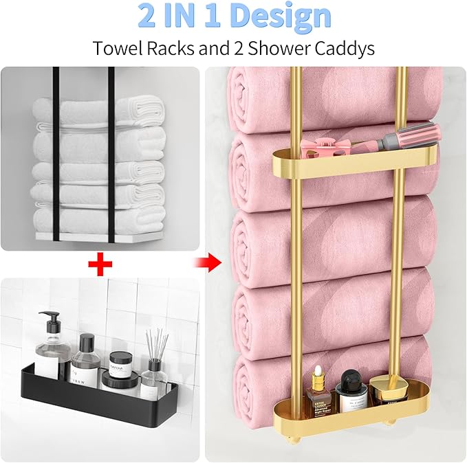 Towel Racks for Bathroom with Shower Caddy with Metal Shelf, 36.4 Inch Bathroom Towel Storage Wall Mounted, Gold