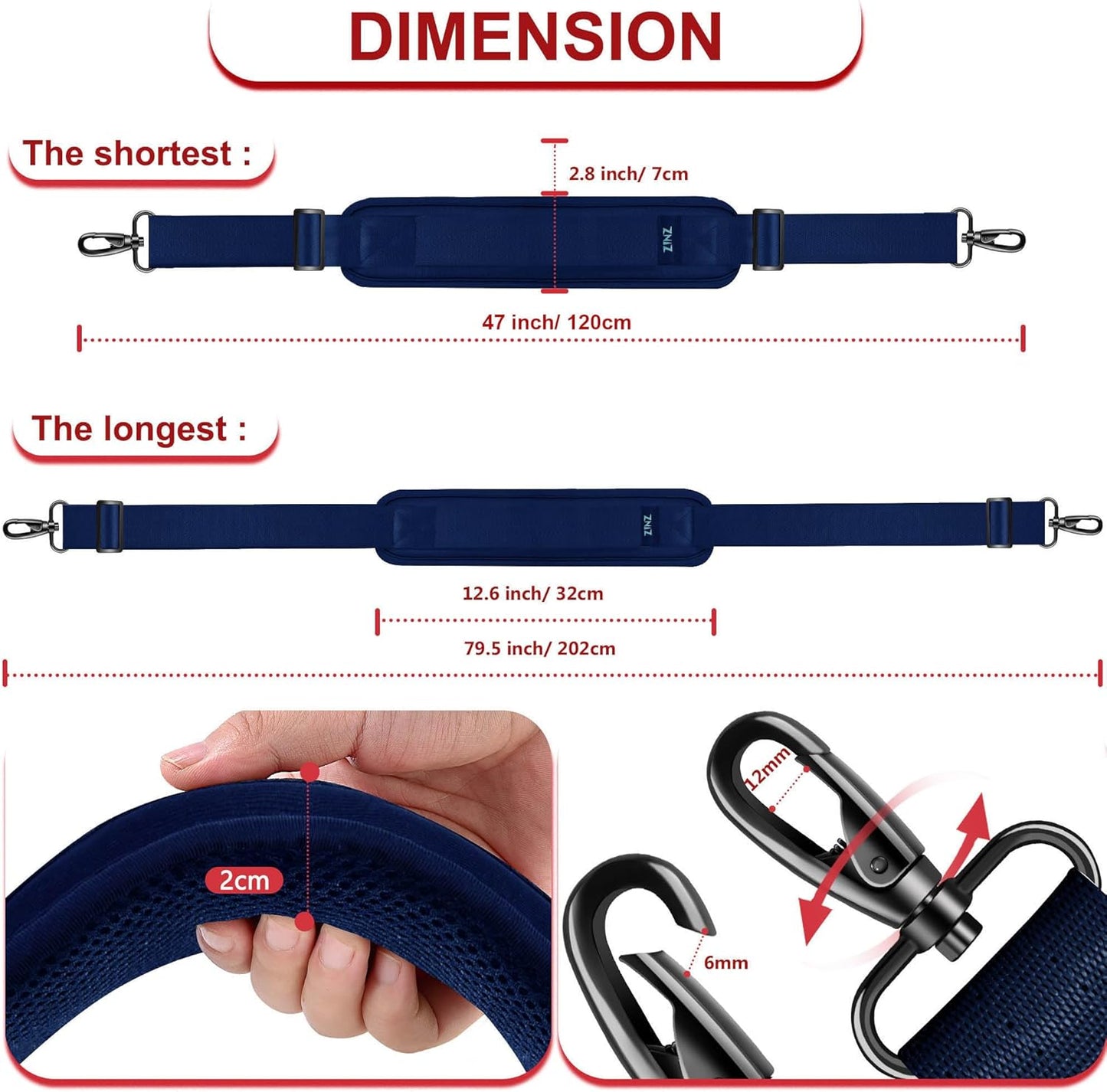 ZINZ 79.5" Universal Strap with Ultra-Thick Fixed Breathable Pad - Adjustable Heavy-Duty Shoulder Strap for Laptop, Crossbody, Luggage, Gym, Camera Bag and More - D01B01