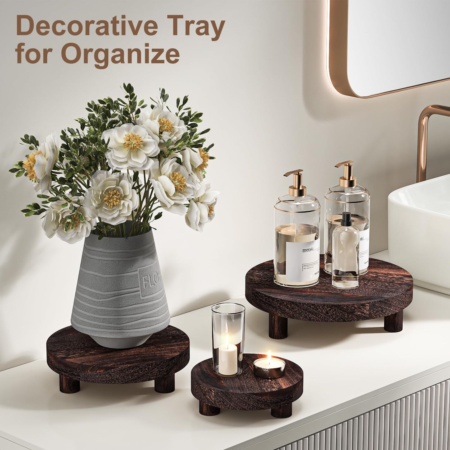 HAWHUV 3 Pcs Wood Plant Stand Indoor Outdoor, Round Wood Riser for Decor 6/8/10" Wooden Stool Display Stand Flower Pot Holder Small Planter Tray Modern Potter Decorative for Desktop Counter Room