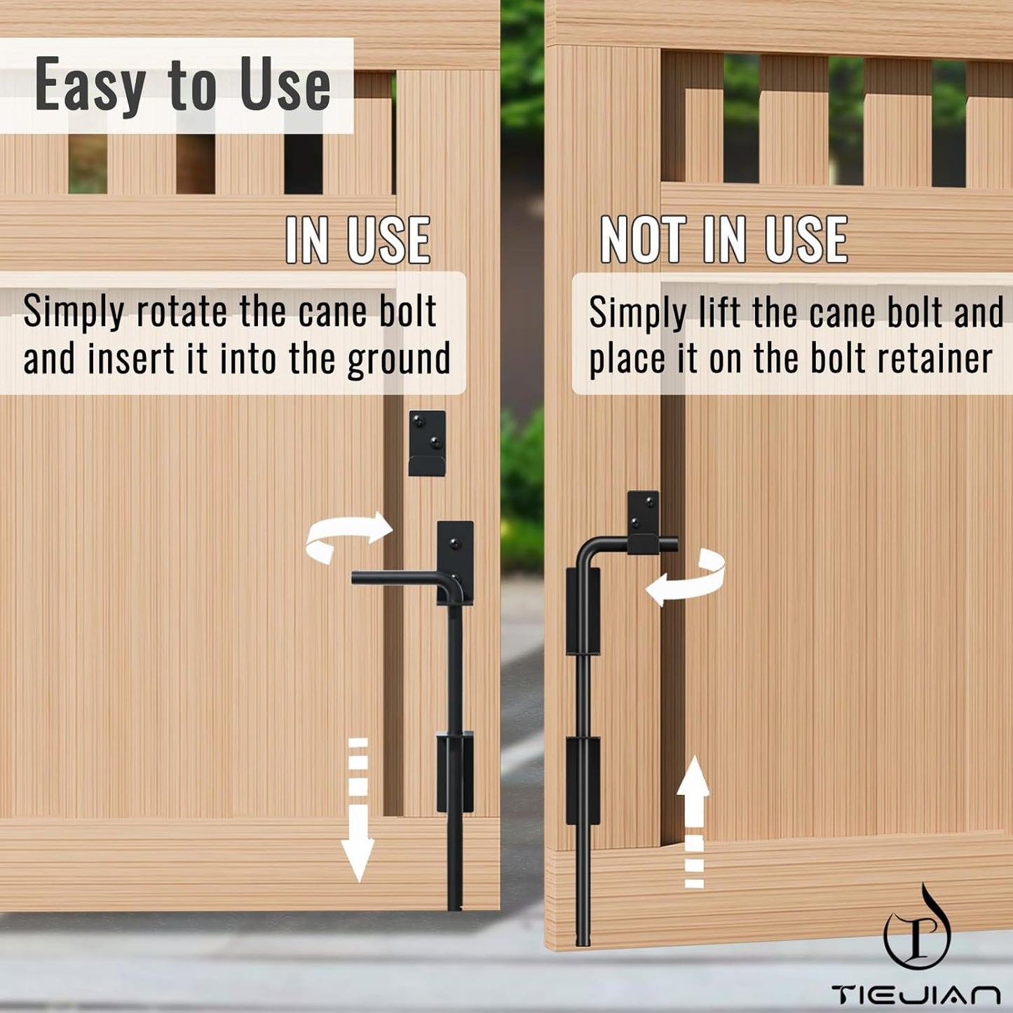 Cane Bolt Heavy Duty Gate Drop Rod 12 Inch Metal Gates Stopper for Wood PVC Vinyl Metal Fences Gates, Gate Ground Latches, Black Finish(2 Pack)