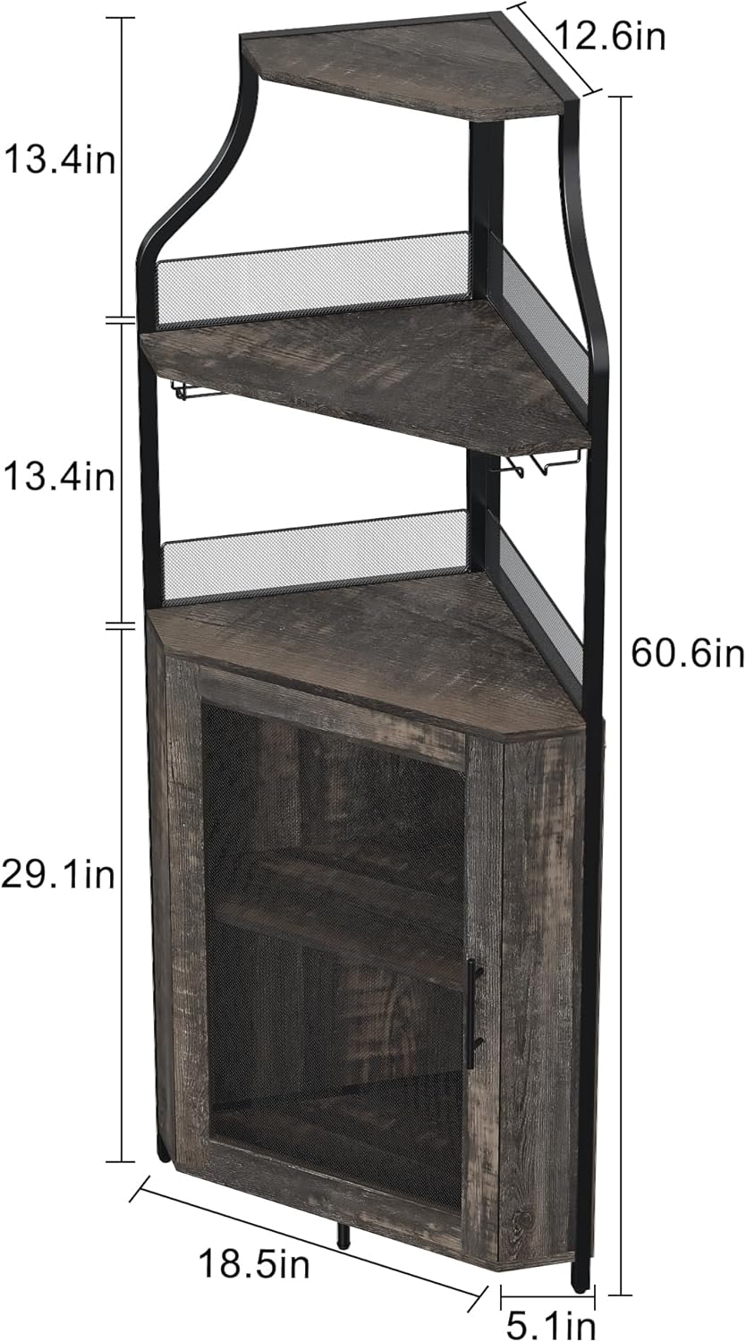 GarveeHome Corner Wine Bar Rack Cabinet with Detachable Wine Rack, Home Bar Cabinet with Barn Door and Adjustable Shelf, Wine Bar Cabinet and Buffet Cabinet with Mesh Door, Fire Wood