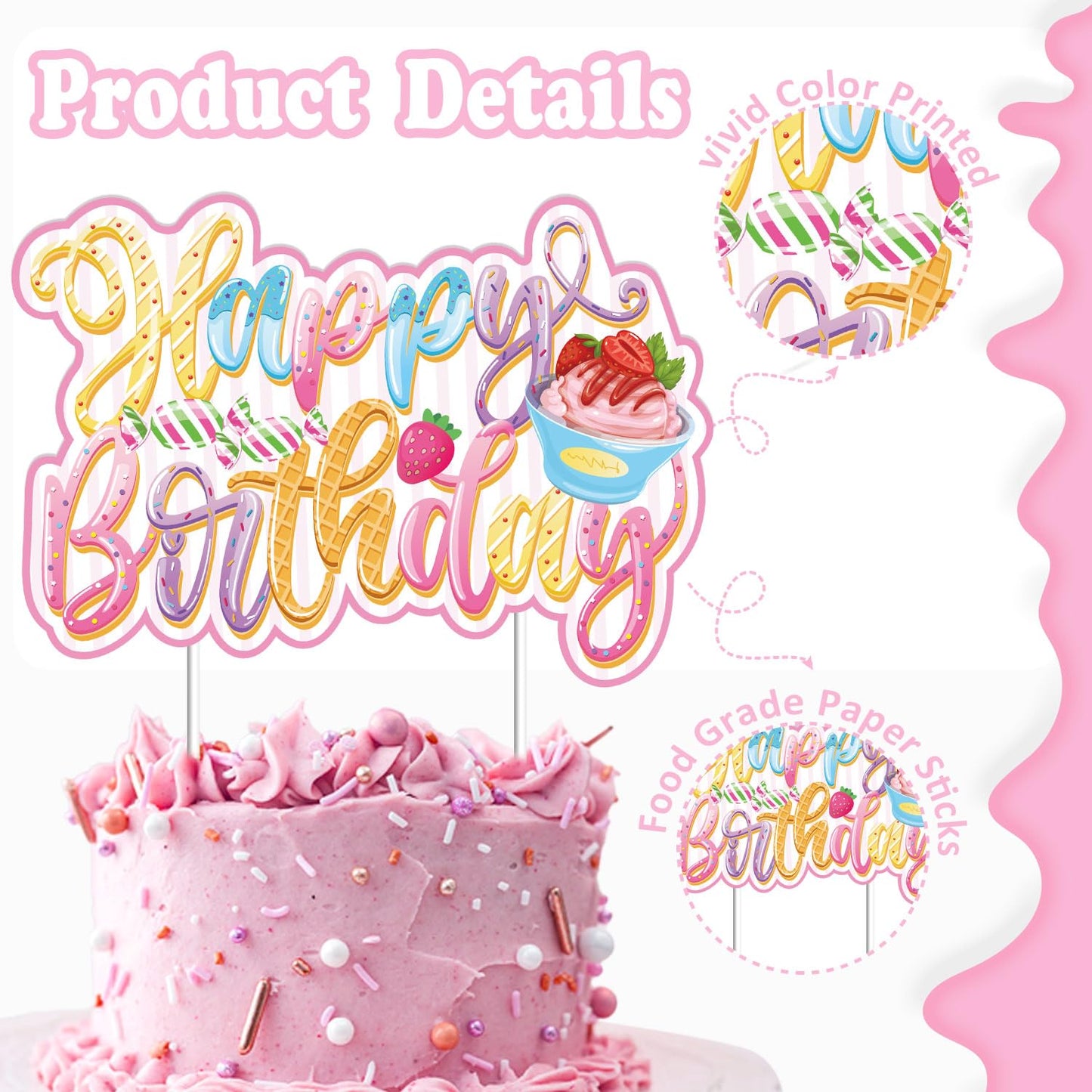 JUYRLE Sweets Birthday Party Decorations for Girls- Pastel Ice Cream Party Supplies, Donut Balloons Happy Birthday Banner Cupcake Topper Candy Theme Birthday for Baby Shower Wedding