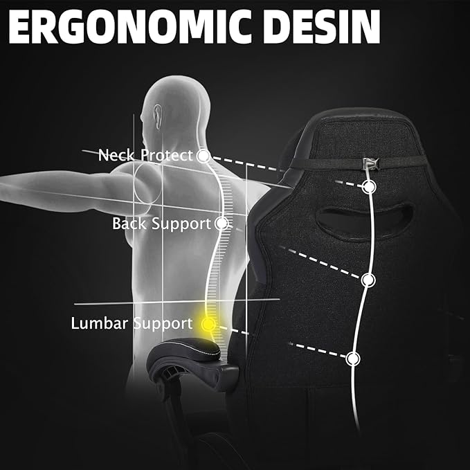 Vonesse Gaming Chair, Reclining Fabric Gaming Chairs for Adults 250LBS, Office Chair with Pocket Spring Cushion, Computer Chair with Footrest and Massage Lumbar Support (Black)